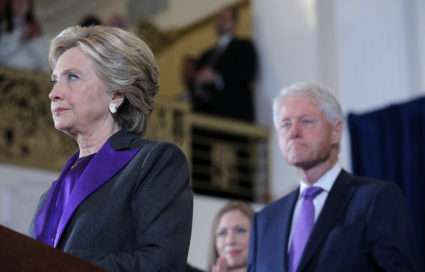 Hillary Clinton addresses her staff and supporters about the results of the U.S. election as her husband, former U.S. President Bill Clinton and their daughter Chelsea look on, at a hotel in the Manhattan borough of New York, U.S., November 9, 2016. REUTERS/Brian Snyder - HT1ECB91CQQ6Q