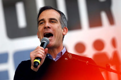 Los Angeles mayor Eric Garcetti speaks during "March for Our Lives", an organized demonstration to end gun violence, in downtown Los Angeles, California. Photo by Patrick T. Fallon/Reuters