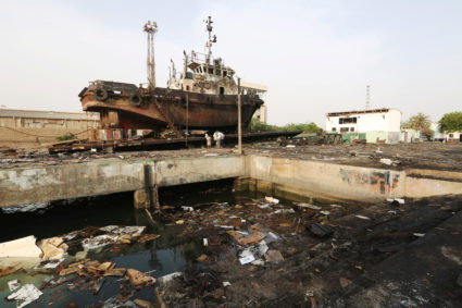 File photo of boat damaged by an airstrike at the Hodeida port in Yemen on May 27. Photo by Abduljabbar Zeyad/Reuters