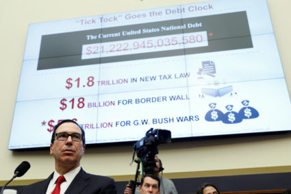 U.S. Secretary of the Treasury Steven Mnuchin testifies to the House Financial Services hearing on state of the international financial system on Capitol Hill in July. The Treasury department announced this week that the U.S. deficit increased $779 billion from last year. Photo by Joshua Roberts/Reuters