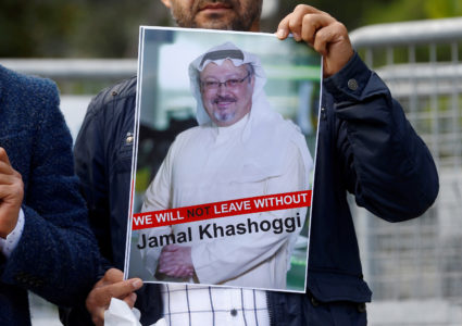 A demonstrator holds picture of Saudi journalist Jamal Khashoggi during a protest in front of Saudi Arabia's consulate in Istanbul, Turkey, on Oct. 5. Photo By Osman Orsal/Reuters