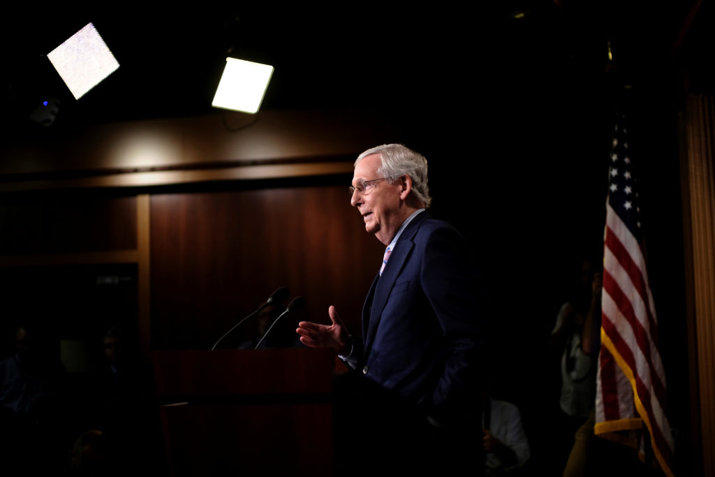 U.S. Senate Majority Leader Mitch McConnell (R-KY) talks to reporters after the U.S. Senate confirmed the Supreme Court no...