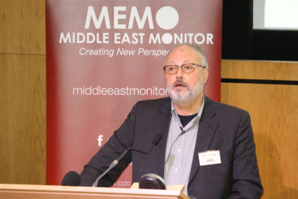 FILE PHOTO: Saudi dissident Jamal Khashoggi speaks at an event hosted by Middle East Monitor in London Britain, September 29, 2018. Picture taken September 29, 2018. Middle East Monitor/Handout via Reuters