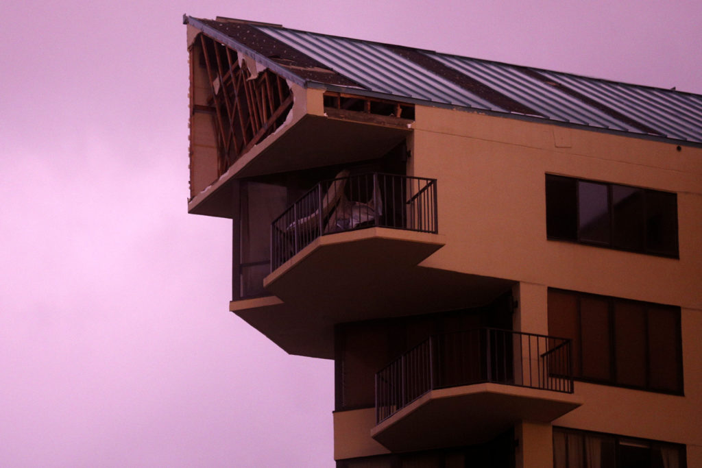 The top section of a high-rise apartment damaged by Hurricane Michael is pictured in Panama City Beach, Florida, U.S. Oct....