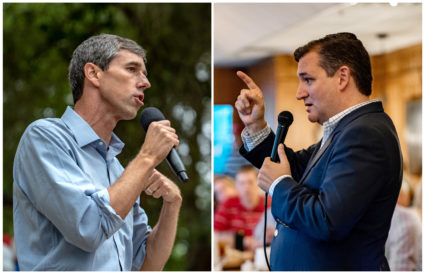 A combination photo shows Rep. Beto O'Rourke (L) and Sen. Ted Cruz (R) speaking to supporters in Del Rio, Texas, and in Columbus, Texas, respectively. Photo by Sergio Flores/Reuters