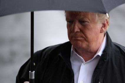 U.S. President Donald Trump talks to reporters as he departs to tour hurricane damage in Florida from the White House. Trump said Monday he would send Secretary of State Mike Pompeo to meet with Saudi King Salman. Photo by Jonathan Ernst/Reuters