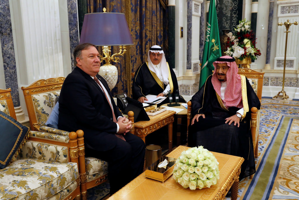 Saudi Arabia's King Salman bin Abdulaziz Al Saud meets with U.S. Secretary of State Mike Pompeo in Riyadh, Saudi Arabia. P...