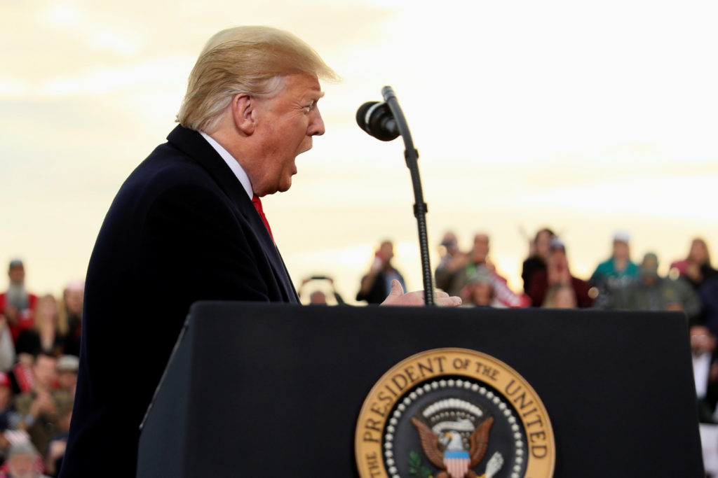 U.S. President Donald Trump rallies with supporters in a hangar at Missoula International Airport in Missoula, Montana, U....