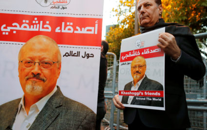 Friends of Saudi journalist Jamal Khashoggi hold posters and banners with his pictures during a demonstration outside the Saudi Arabia consulate in Istanbul, Turkey on Oct. 25, 2018. Photo by Osman Orsal/Reuters
