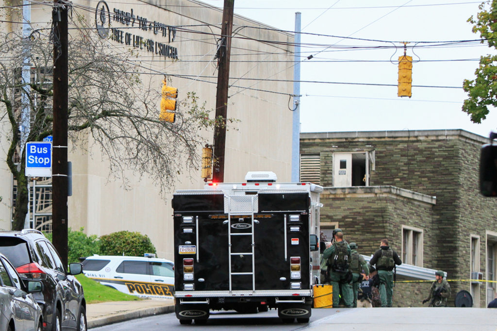 SWAT police officers respond after a gunman opened fire at the Tree of Life synagogue in Pittsburgh, Pennsylvania, U.S., O...
