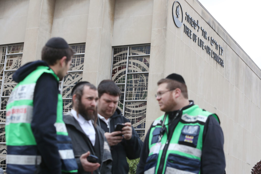 A crew from Chesed Shel Emes Emergency Services and Recovery Unit arrive at the Tree of Life synagogue where 11 worshipper...