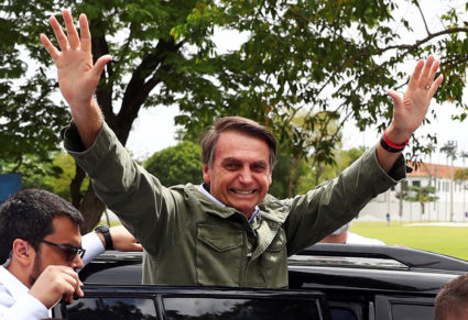 Jair Bolsonaro, far-right lawmaker and presidential candidate of the Social Liberal Party (PSL), gestures during a runoff election, in Rio de Janeiro, Brazil. Photo by Pilar Olivares/Reuters