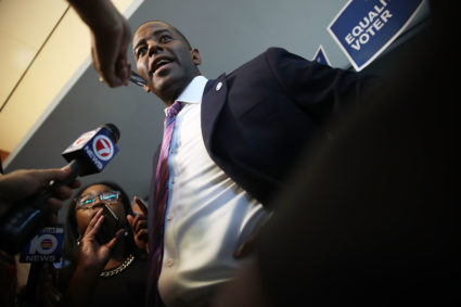 MIAMI, FL - SEPTEMBER 24: Democratic Florida gubernatorial nominee Andrew Gillum speaks to the media at a campaign rally where he received the endorsement of three major national, state and South Florida LGBT groups on September 24, 2018 in Miami, Florida. Gillum sought to portray himself as a champion of LGBT rights while casting his Republican foe Ron DeSantis as hostile to those rights. (Photo by Joe Raedle/Getty Images)