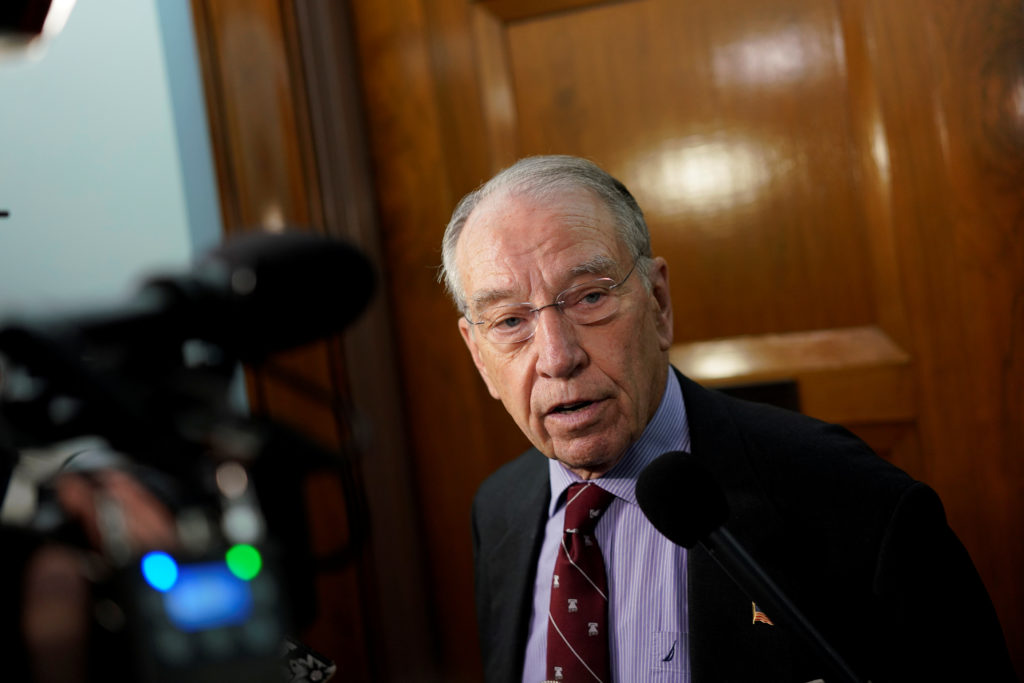 Sen. Chuck Grassley (R-Iowa), Chairman of the Senate Judiciary Committee, speaks with reporters on Capitol Hill in Washing...