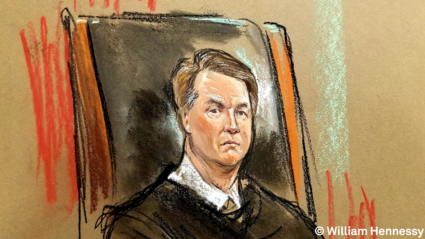 Supreme Court justice Brett Kavanaugh appears during his first day on the bench, Oct. 9, 2018. Sketch courtesy of Bill Hennessy.