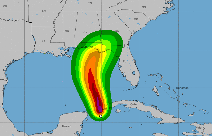 This image from the National Hurricane Center shows hurricane force wind speed probabilities for Hurricane Michael, which ...
