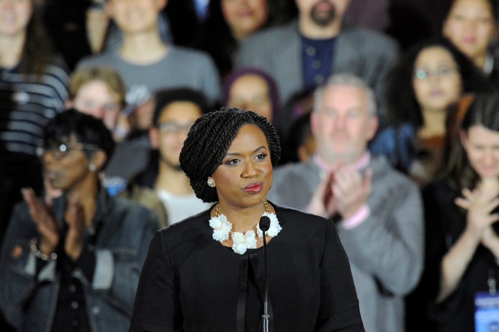 Congresswomen Ayanna Pressley makes her way to the stage during the Election Day Massachusetts Democratic Coordinated Camp...