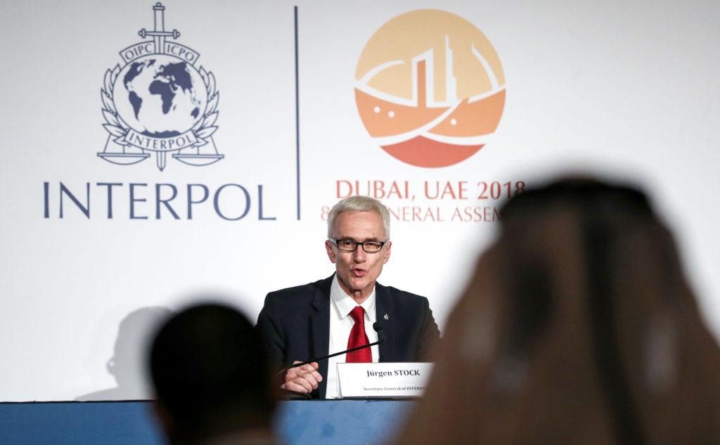 Jurgen Stock, Secretary-General of Interpol, speaks during a press conference in Dubai on November 21, 2018, after the org...