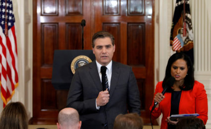 CNN White House correspondent Jim Acosta speaks in front the camera before a news conference held by President Donald Trump in the East Room of the White House in Washington, D.C. Photo by Kevin Lamarque/Reuters