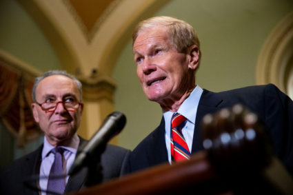 Sen. Bill Nelson (D-Fla.) speaks alongside Senate Democratic Leader Chuck Schumer (D-N.Y.) about the Florida U.S. Senate election, in the U.S. Capitol, in Washington, U.S., November 13, 2018. Photo by Al Drago/Reuters