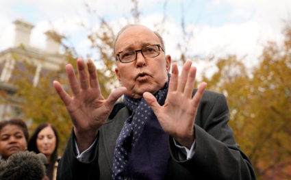 White House chief economic adviser Larry Kudlow speaks to reporters at the White House. Photo by Kevin Lamarque/Reuters