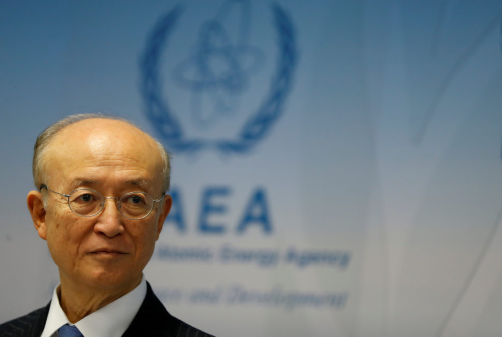 International Atomic Energy Agency Director General Yukiya Amano addresses a news conference during a board of governors m...