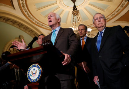 U.S. Senator John Cornyn (R-TX) addresses Capitol Hill reporters following the Senate Republican weekly policy lunch at the U.S. Capitol in Washington, U.S., November 27, 2018. REUTERS/Leah Millis - RC1B6E3D3590