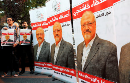 Friends of Saudi journalist Jamal Khashoggi hold posters and banners with his pictures during a demonstration outside the Saudi Arabia consulate in Istanbul, Turkey on Oct. 25. File photo by Osman Orsal/Reuters