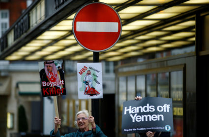 People hold placards as they attend the Stop The War Coalition protest against the killing of journalist Jamal Khashoggi, war in Yemen and UK arms sales to Saudi Arabia outside the Saudi Arabian Embassy in London, Britain. Photo by Henry Nicholls/Reuters