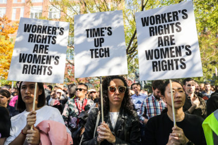 File photo of workers protesting outside Google offices in New York on Nov. 1. Photo by Jeenah Moon/Reuters