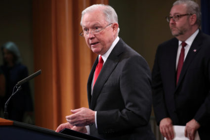 Attorney General Jeff Sessions announces a criminal law enforcement action involving China during a news conference at the Justice Department in Washington Nov. 1, 2018. Photo by REUTERS/Jonathan Ernst