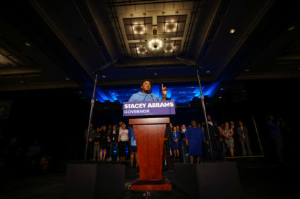 Stacey Abrams speaks to the crowd of supporters announcing they will wait till the morning for results of the mid-terms election at the Hyatt Regency in Atlanta, Georgia. Photo by Lawrence Bryant/Reuters