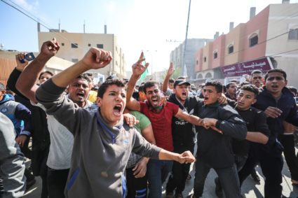 KHAN YUNIS, GAZA - NOVEMBER 12: Funeral ceremony for seven Palestinians, including a military commander of Ezzedine al-Qassam Brigades, the armed wing of Hamas movement, held after they were killed in Israeli attack in Khan Yunis, Gaza on November 12, 2018. (Photo by Mustafa Hassona/Anadolu Agency/Getty Images)