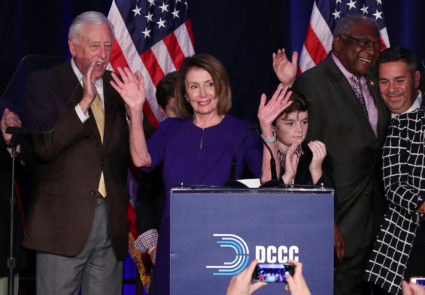 U.S. House Minority Leader Nancy Pelosi celebrates the Democrats winning a majority in the U.S. House of Representatives during a Democratic midterm election night party in Washington, U.S. November 6, 2018. Photo by REUTERS/Jonathan Ernst
