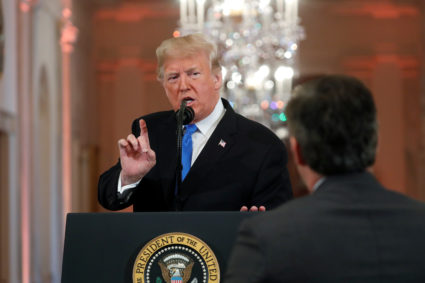 U.S. President Donald Trump stops CNN's Jim Acosta while taking questions during a news conference following Tuesday's midterm congressional elections at the White House in Washington, U.S., November 7, 2018. REUTERS/Kevin Lamarque