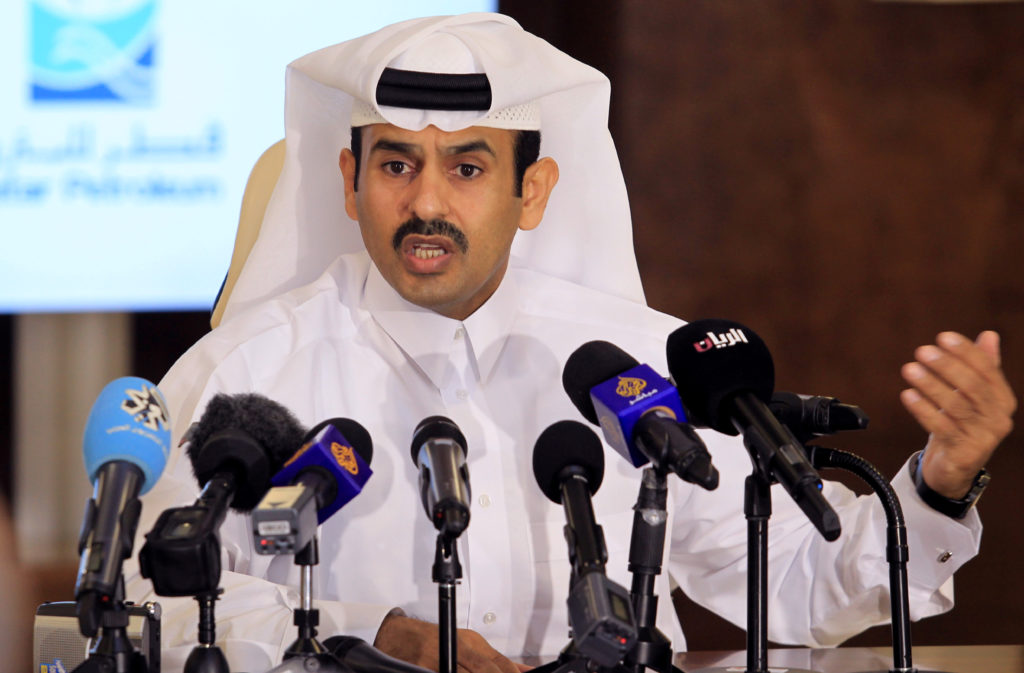 Saad al-Kaabi, chief executive of Qatar Petroleum, gestures as he speaks to reporters in Doha, Qatar, July 4, 2017. Photo ...