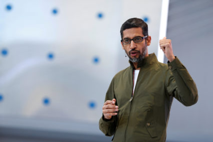 FILE PHOTO: Google CEO Sundar Pichai speaks on stage during the annual Google I/O developers conference in Mountain View, California, May 8, 2018. REUTERS/Stephen Lam/File Photo