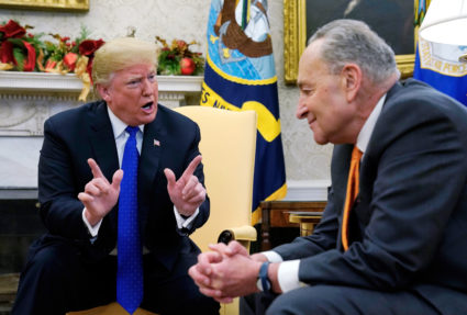 President Donald Trump speaks to Senate Minority Leader Chuck Schumer (D-N.Y.) during a meeting with the House and Senate Democratic leadership in the Oval Office of the White House in Washington, D.C. Photo by Kevin Lamarque/Reuters