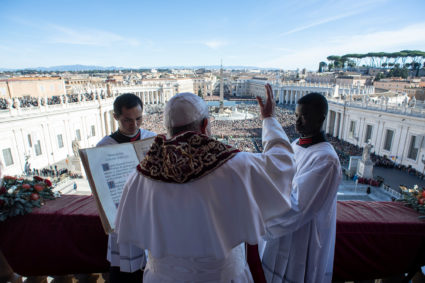 Pope Francis delivers the "Urbi et Orbi" message from the main balcony of Saint Peter's Basilica at the Vatican. Photo by Vatican Media via Reuters