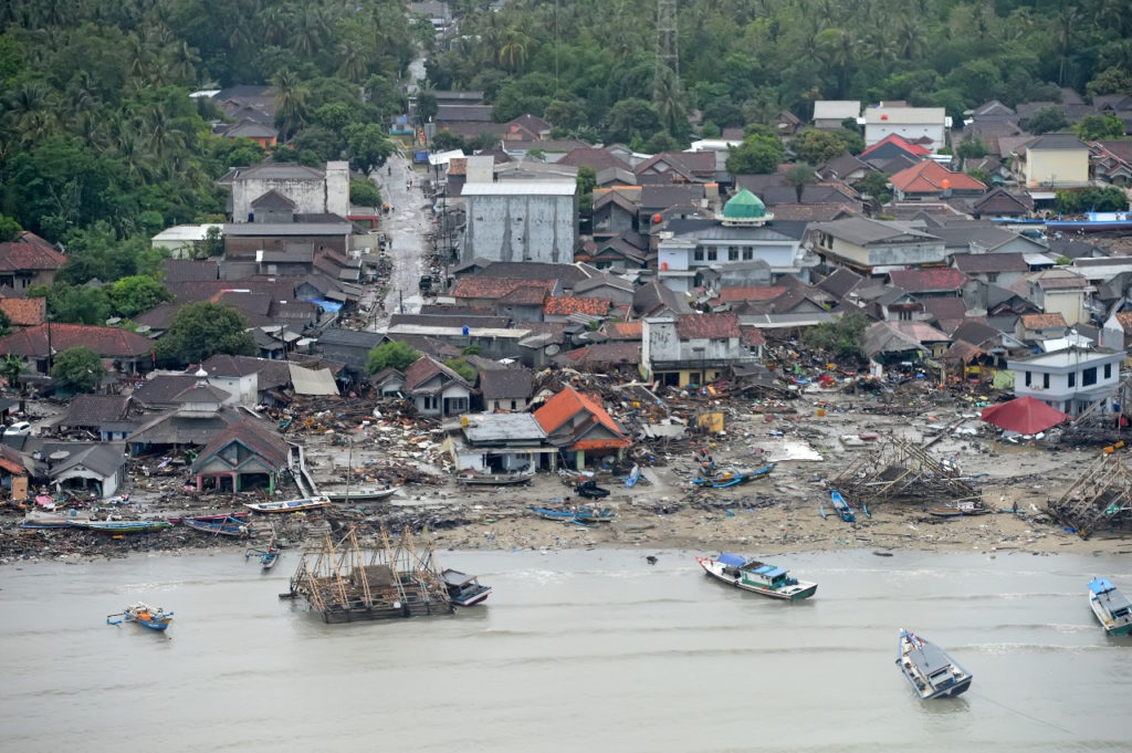 An aerial view of an affected area after a tsunami hit the coast of Pandeglang, Banten province, Indonesia, December 24, 2...
