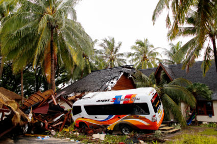 A destroyed car is seen after a tsunami hit an area in Tangung Lesung, Banten province, Indonesia, Indonesia, December 24, 2018. Photo by REUTERS/Jorge Silva
