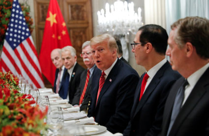 U.S. President Donald Trump, U.S. President Donald Trump's national security adviser John Bolton, U.S. Treasury Secretary Steven Mnuchin attend a working dinner with Chinese President Xi Jinping after the G20 leaders summit in Buenos Aires, Argentina December 1, 2018. Photo by Kevin Lamarque/Reuters