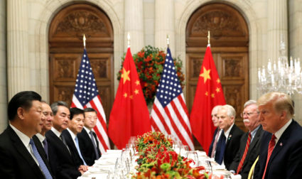 President Donald Trump, U.S. Secretary of State Mike Pompeo, national security adviser John Bolton and Chinese President Xi Jinping attend a working dinner after the G20 leaders summit in Buenos Aires, Argentina on December 1. Photo by Kevin Lamarque/Reuters