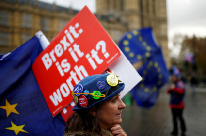 Anti-Brexit demonstrators protest outside the Houses of Parliament in London, Britain. Photo by Henry Nicholls/Reuters