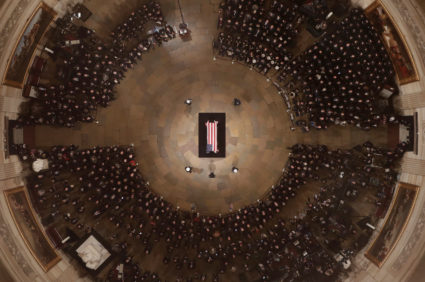 Speaker of the House Paul Ryan speaks as Former President George H. W. Bush lies in state in the U.S. Capitol rotunda in Washington, D.C. Photo by Morry Gash/Pool via Reuters