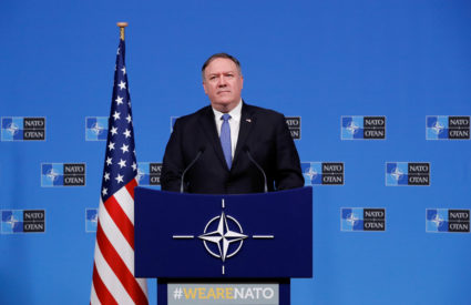 Secretary of State Mike Pompeo attends a news conference during the NATO foreign ministers' meeting at the Alliance's headquarters in Brussels, Belgium. Photo by Yves Herman/Reuters