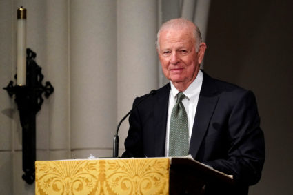 Former Secretary of State James Baker III gives a eulogy during the funeral for former President George H.W. Bush at St. Martin's Episcopal Church, Thursday, Dec. 6, 2018, in Houston. Photo by David J. Phillip/Pool via Reuters
