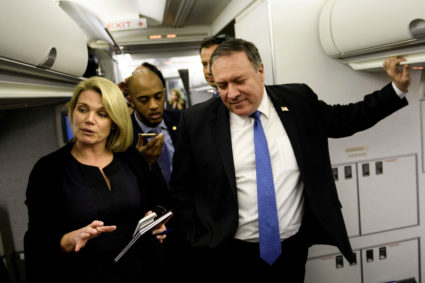 Spokesperson Heather Nauert (L) speaks as U.S. Secretary of State Mike Pompeo dialogues with reporters in his plane while flying from Panama to Mexico in October. Photo by Brendan Smialowski/Pool via Reuters