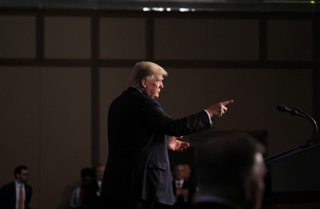 U.S. President Donald Trump delivers remarks at the Project Safe Neighborhoods National Conference in Kansas City, Missour...