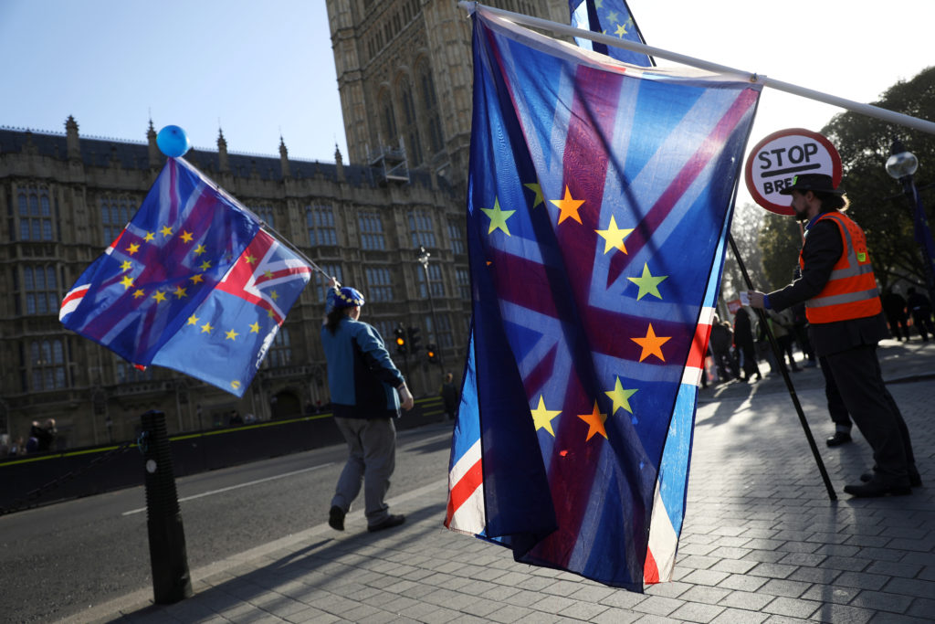 Anti-Brexit demonstrators hold flags opposite the Houses of Parliament in London, Britain, December 11, 2018. REUTERS/Simo...